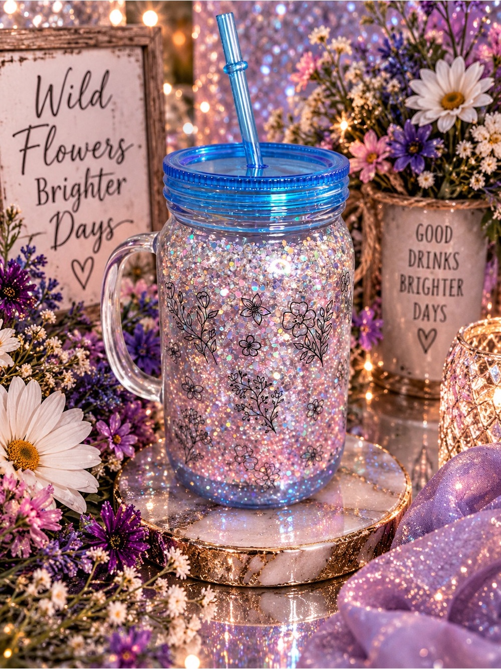 Sparkling Blue Mason Jar Tumbler with Floral Print and Straw